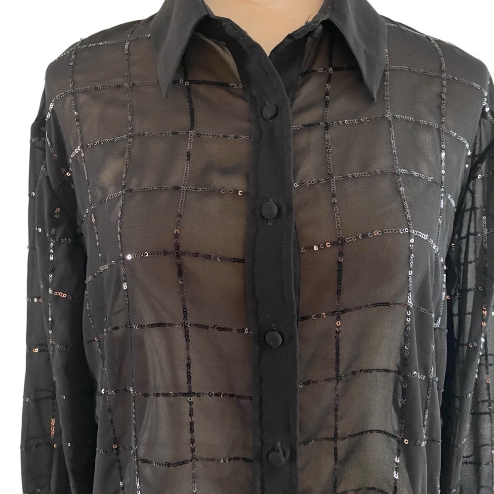 Rdalamal x Anthropologie Black Sheer Sequin Shirt Dress XXS Oversized Festival - Picture 7 of 10